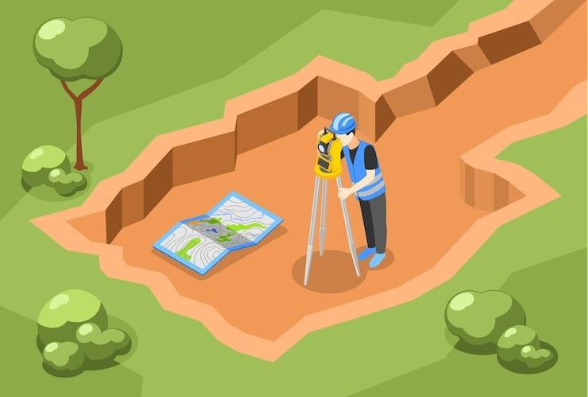 A surveyor wearing a blue helmet and vest operates a theodolite on a tripod near a large excavation site, with a detailed map spread out on the ground beside them, surrounded by green trees and bushes.