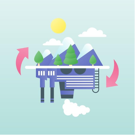 A whimsical illustration of a floating island with blue mountains and green trees, surrounded by clouds and a bright sun. Pink arrows encircle the scene, suggesting movement or rotation. The island features a ladder and two supporting pillars.